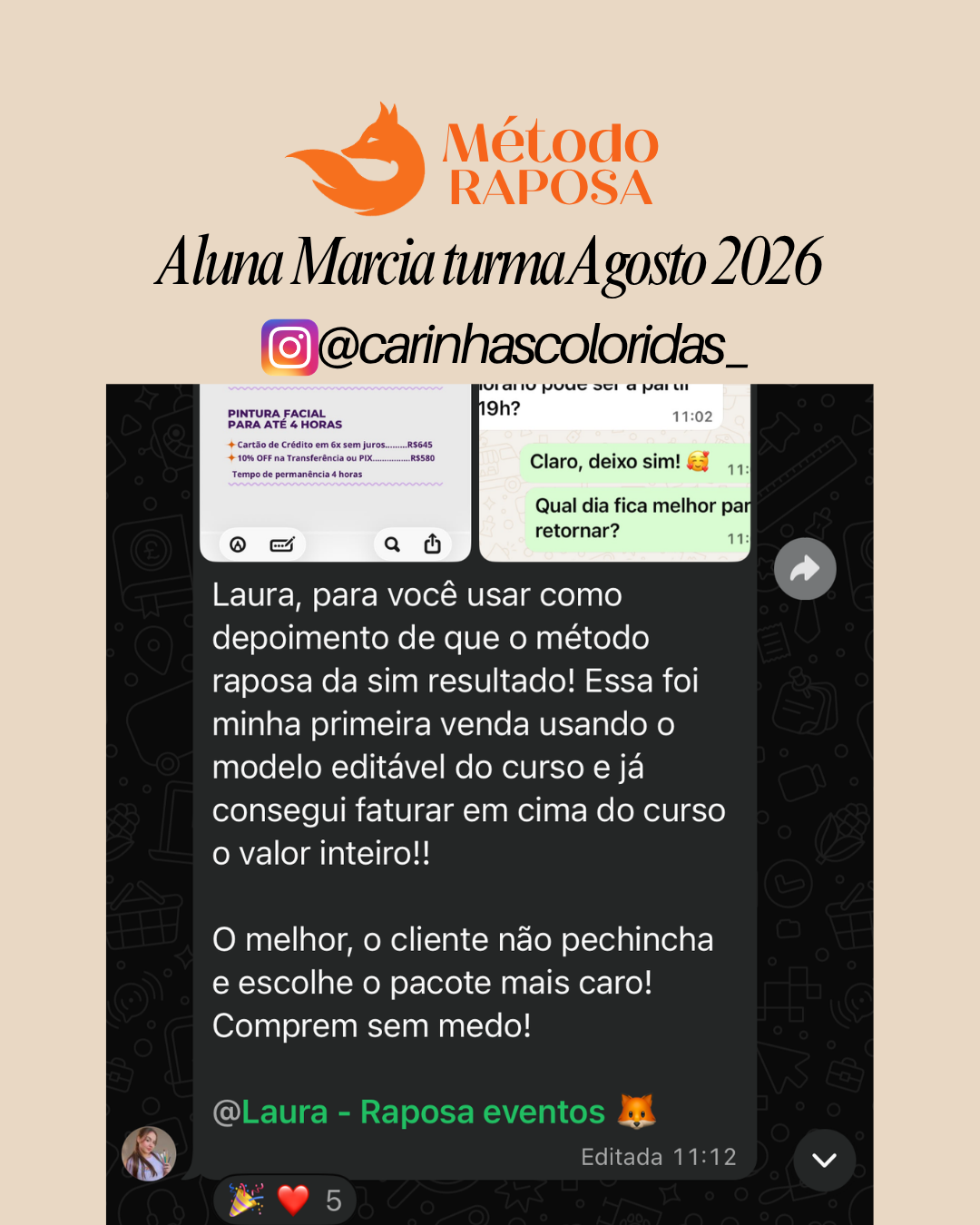 Depoimento da aluna Marcia sobre a primeira venda com o Método Raposa